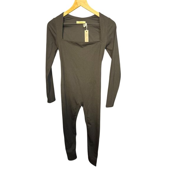 Black Long Sleeve Square Neck Jumpsuit By Qinsen  Medium Size NWT Stretchy Nylon - Picture 2 of 5